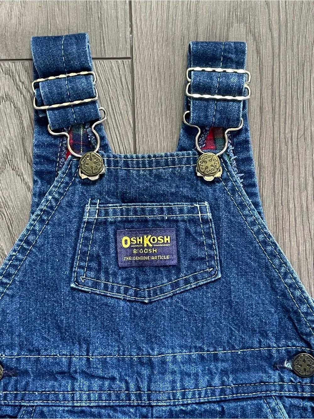 Vintage Oshkosh B’gosh Vestbak USA Plaid Flannel Lined 12m Baby Denim Overalls